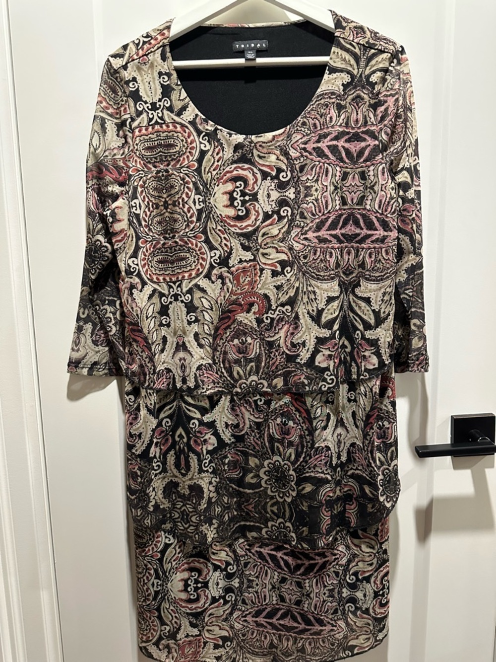 Tribal Paisley Scoop Neck Tunic Dress - Pink, Black & Cream